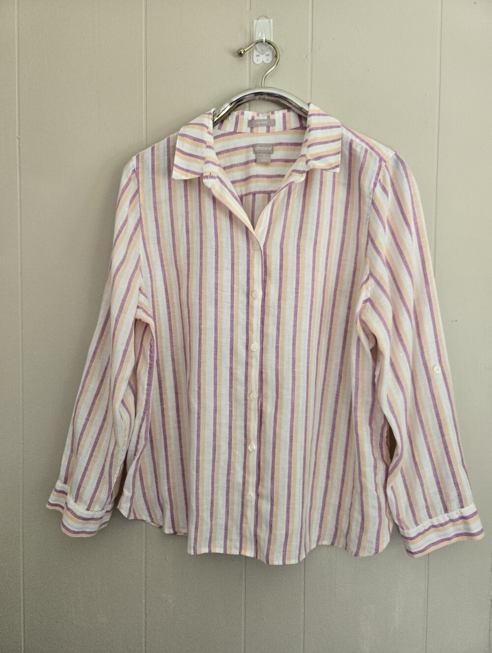 Chico's Striped Linen Button Up Shirt Roll Tab Sleeves Purple Peach Gold 3 16 18